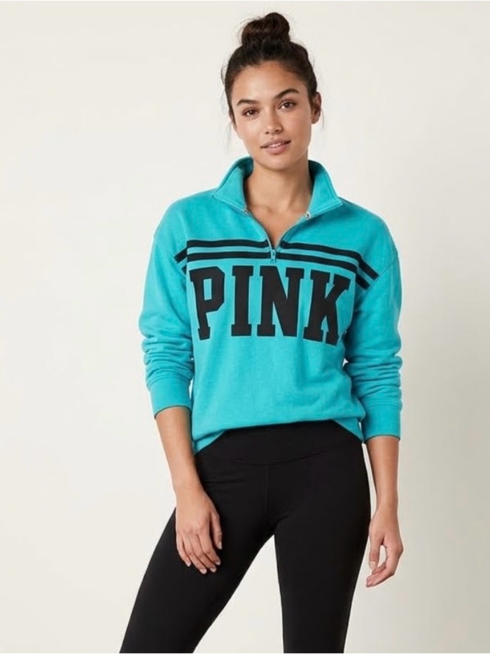 Victoria's Secret PINK Aqua Quarter-Zip Pullover with Black Logo